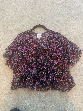 Misa Los Angeles Black Short Sleeve Floral Ruffle Blouse